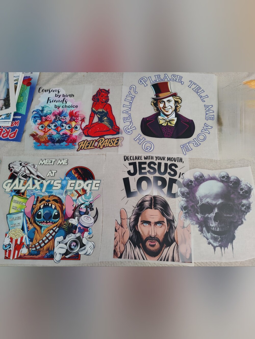 Ready-to-Press DTF Transfers Lot – Stitch Galaxy's Edge, Jesus is Lord, Willy Wo